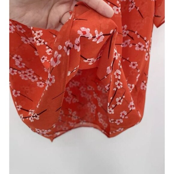 Cabi Chiffon Cherry Blossom Orange Red Floral Split Short Sleeve Top Sz M #5712 - Picture 6 of 10